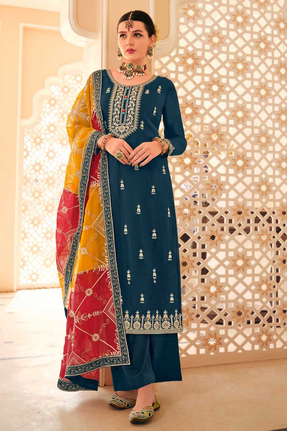 Alluring Chinon Fabric Teal Color Pakistani Style Suit