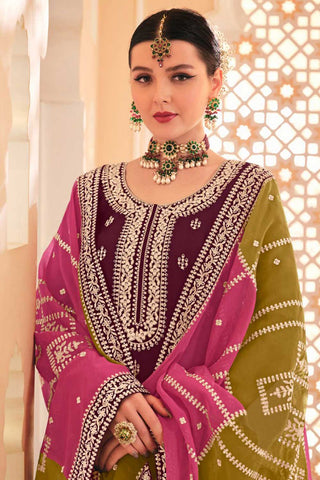 Excellent Chinon Fabric Wine Color Pakistani Style Suit