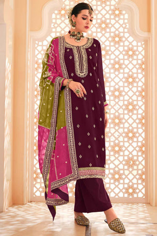 Excellent Chinon Fabric Wine Color Pakistani Style Suit