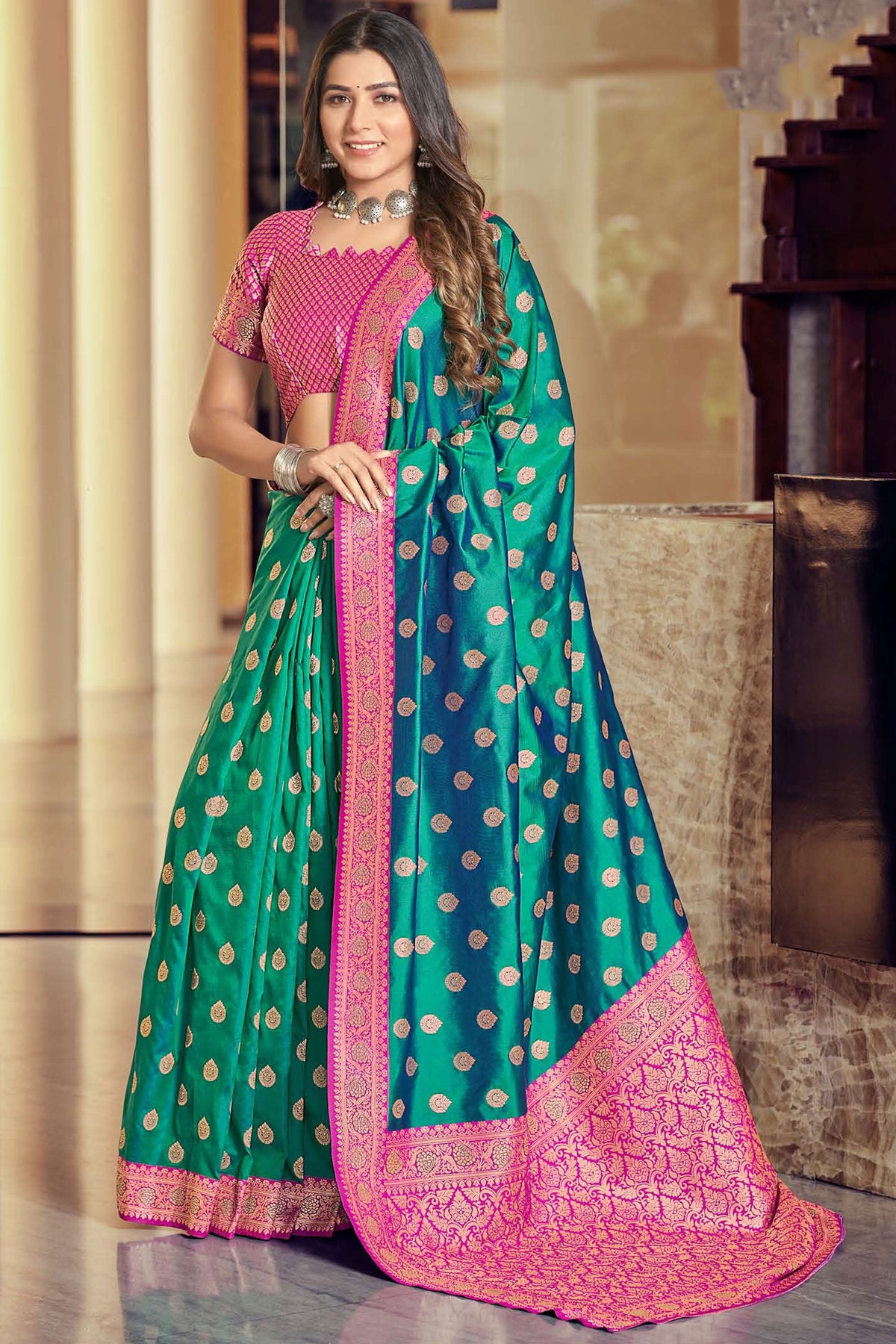 Silk Fabric Green Color Pleasance Saree With Weaving Work