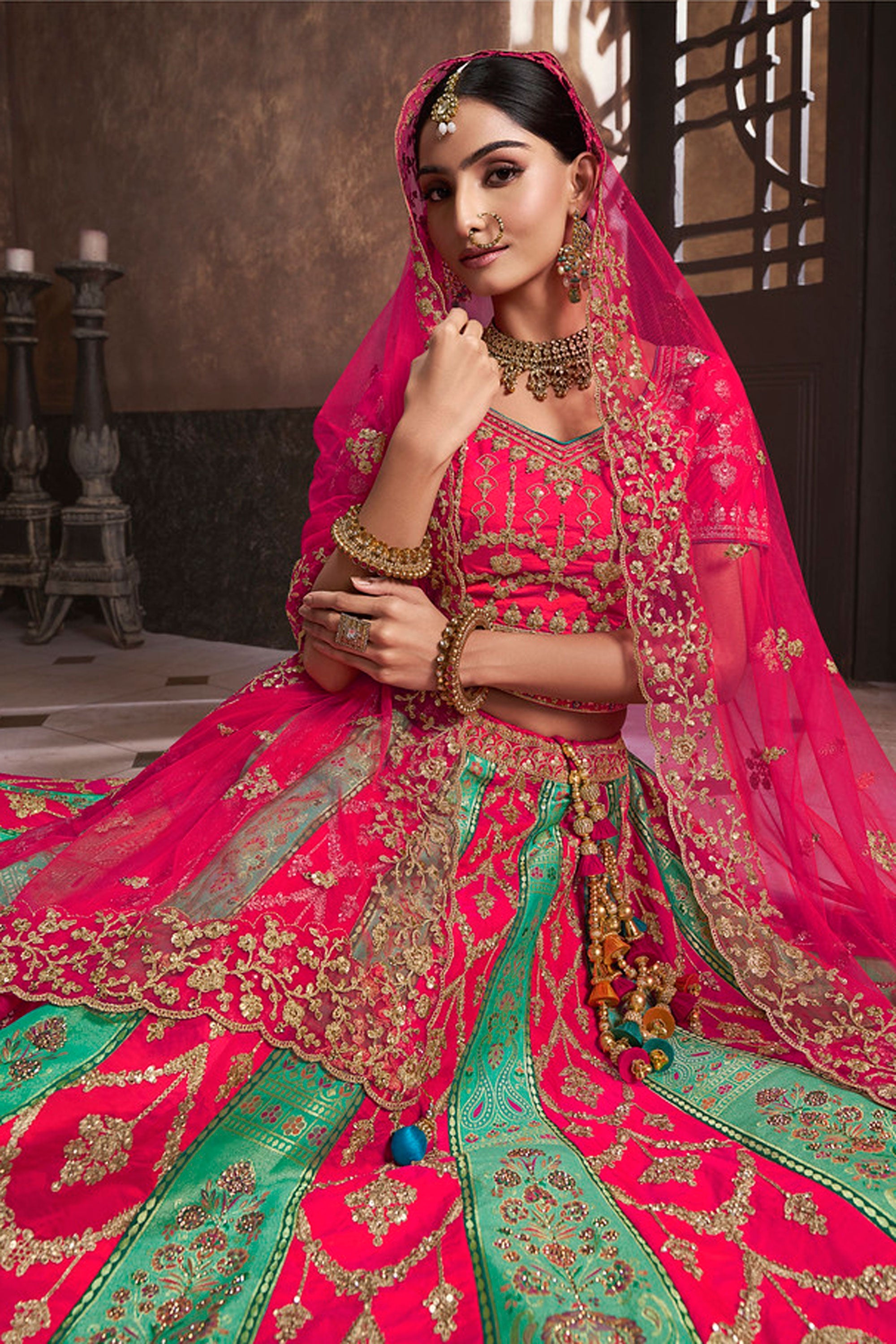 Dazzling Embroidered Work On Multi Color Bridal Lehenga In Silk Fabric