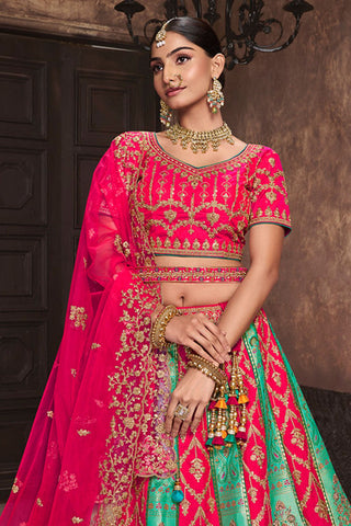 Dazzling Embroidered Work On Multi Color Bridal Lehenga In Silk Fabric