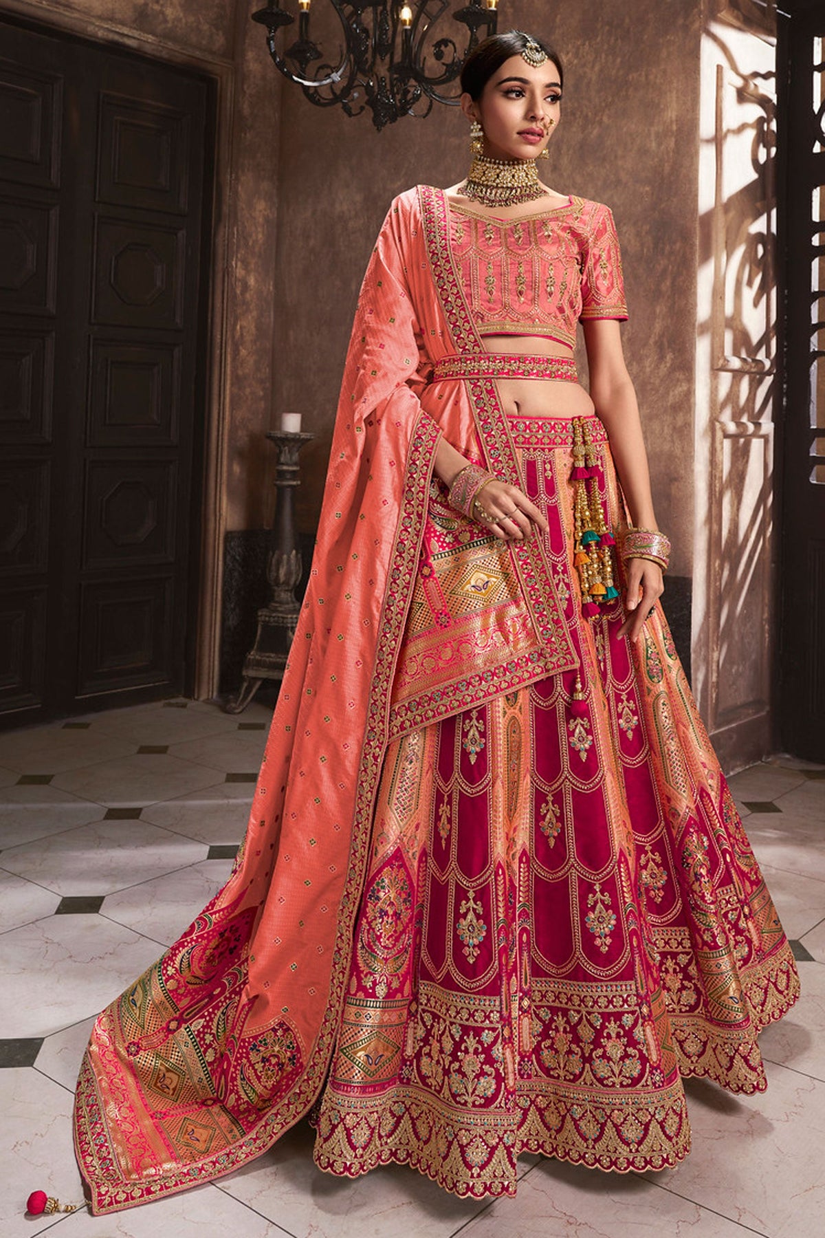 Radiant Embroidered Work On Multi Color Silk Bridal Lehenga