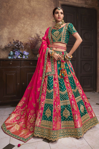 Excellent Silk Fabric Green Color Bridal Lehenga With Embroidered Work