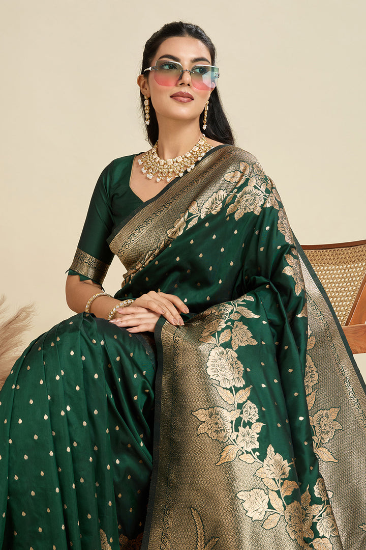 Lovely Banarasi Silk Fabric Weaving Work Dark Green Color Saree | Buy Online India