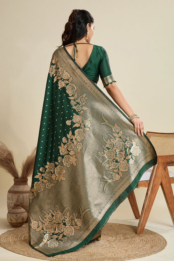 Lovely Banarasi Silk Fabric Weaving Work Dark Green Color Saree | Buy Online India