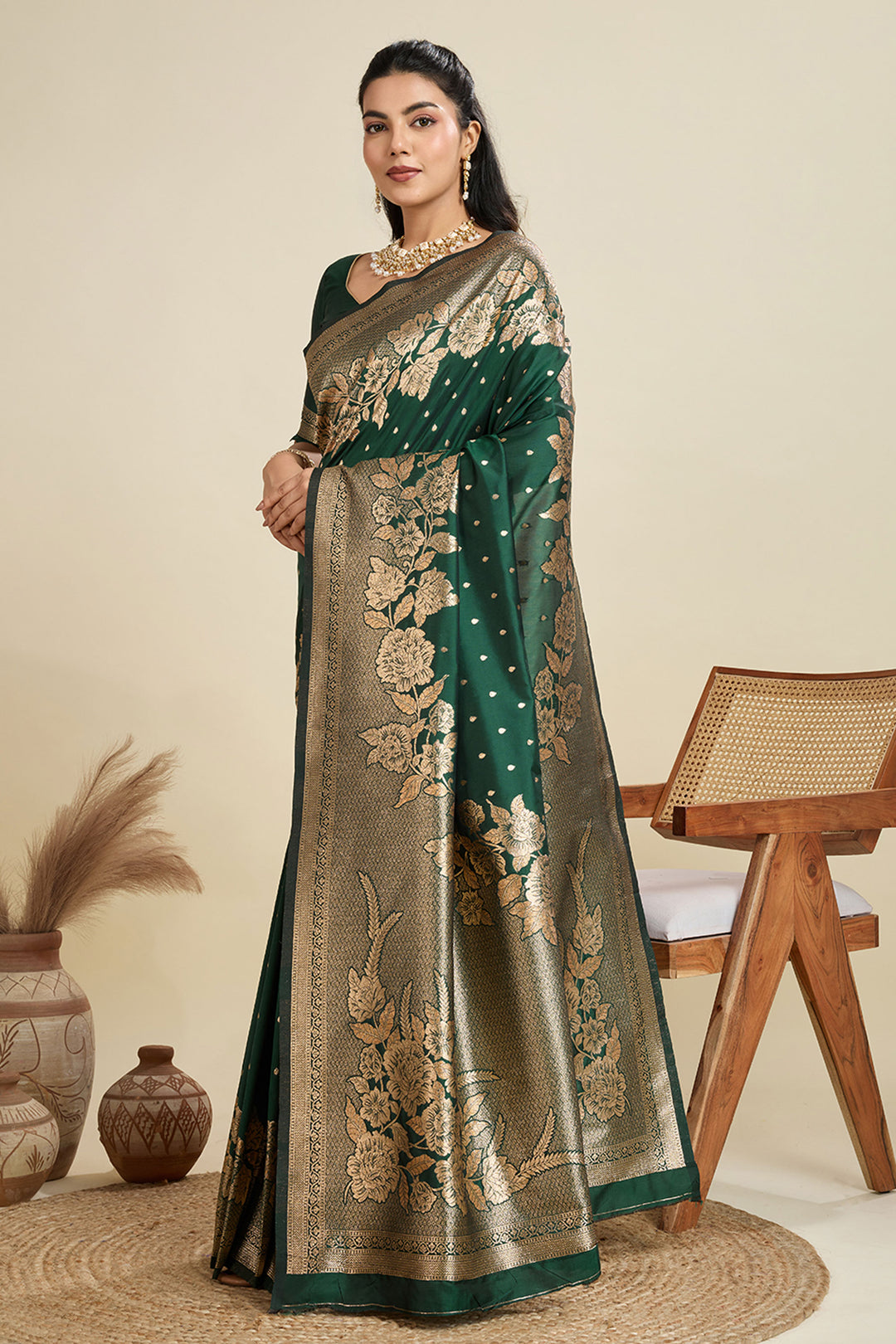 Lovely Banarasi Silk Fabric Weaving Work Dark Green Color Saree | Buy Online India