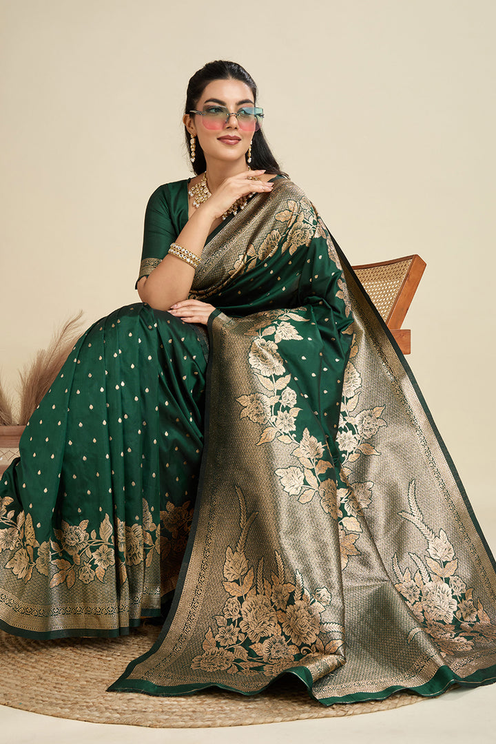 Lovely Banarasi Silk Fabric Weaving Work Dark Green Color Saree | Buy Online India
