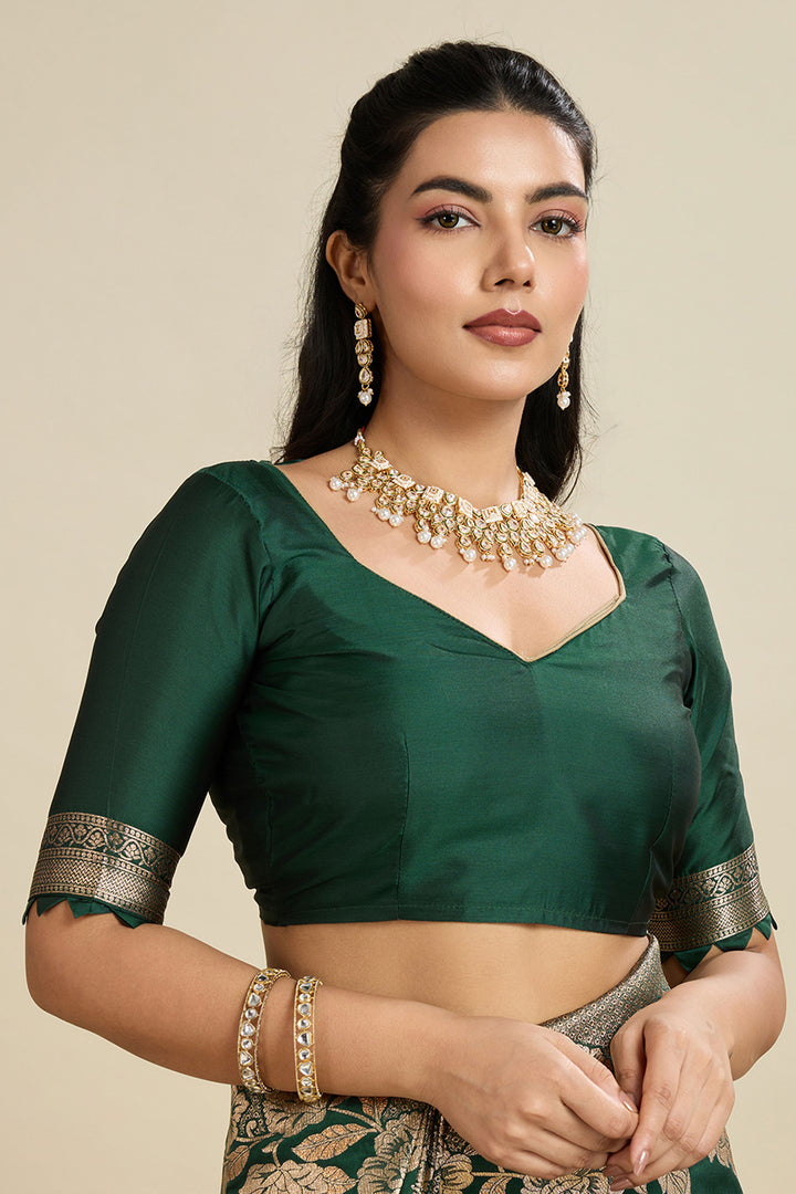 Lovely Banarasi Silk Fabric Weaving Work Dark Green Color Saree | Buy Online India