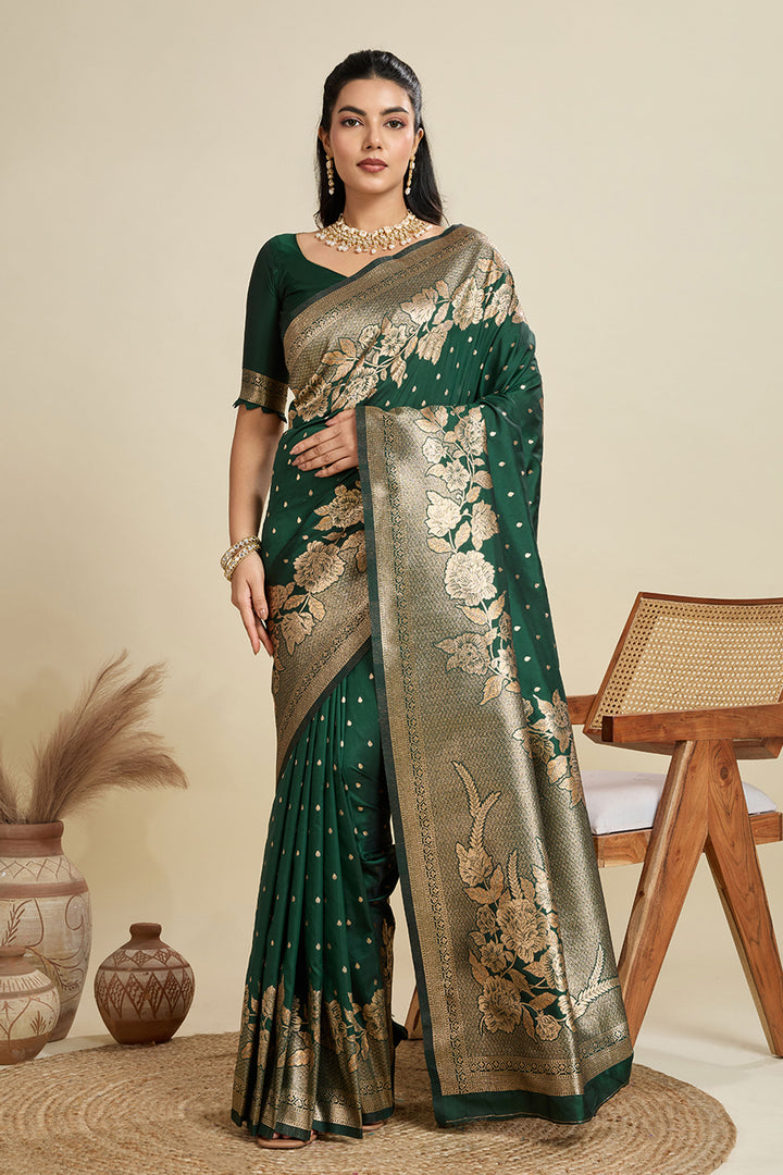 Lovely Banarasi Silk Fabric Weaving Work Dark Green Color Saree | Buy Online India