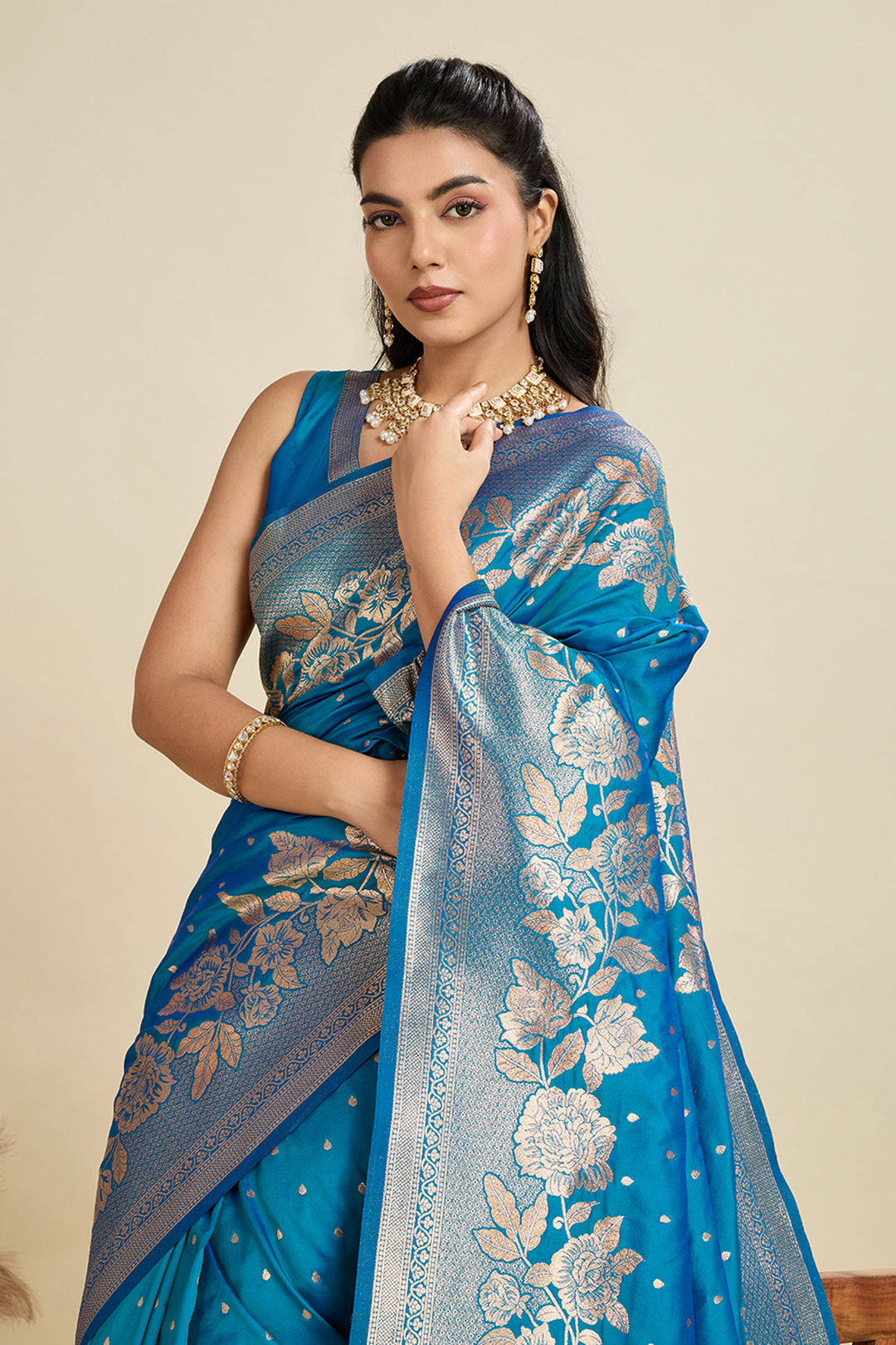 Trendy Banarasi Silk Fabric Cyan Color Saree With Weaving Work | Buy Online India