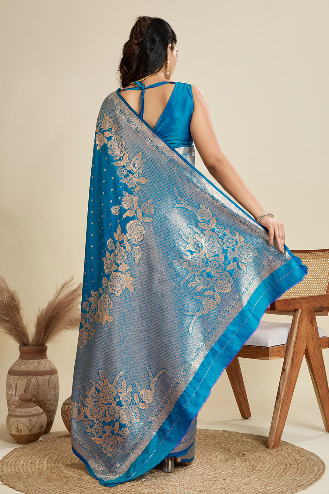 Trendy Banarasi Silk Fabric Cyan Color Saree With Weaving Work | Buy Online India