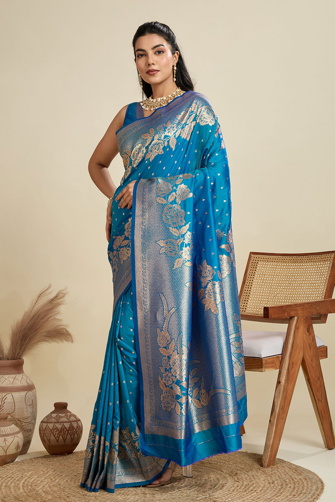 Trendy Banarasi Silk Fabric Cyan Color Saree With Weaving Work | Buy Online India