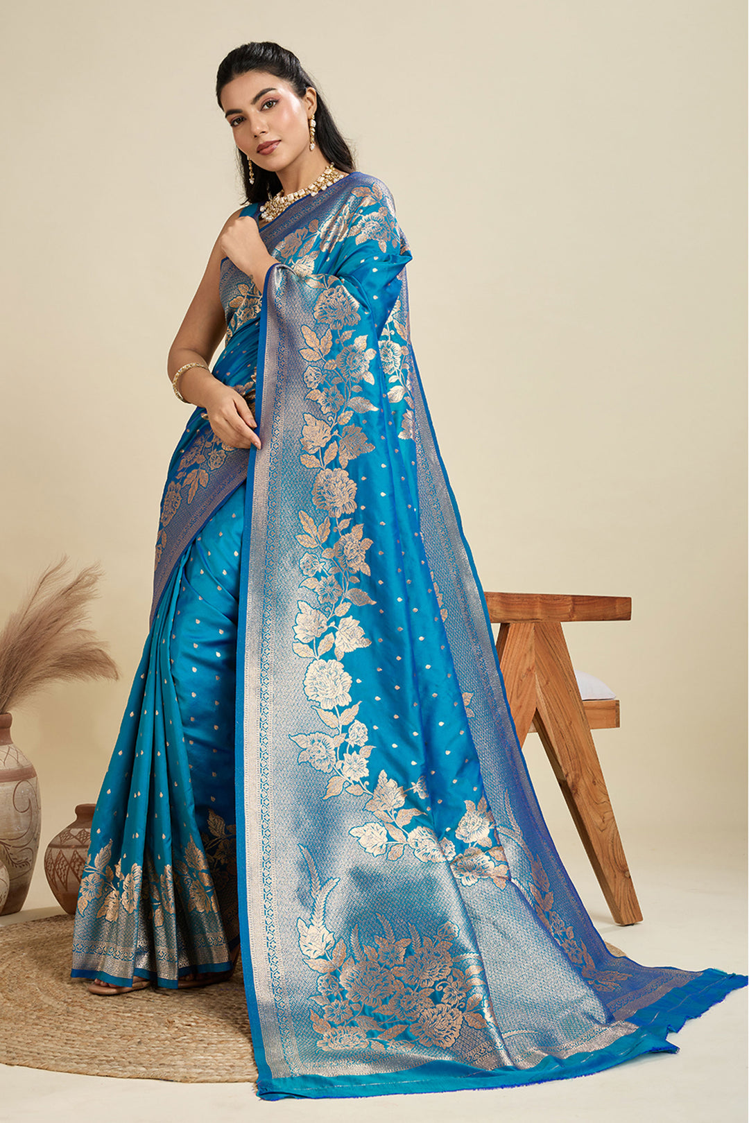 Trendy Banarasi Silk Fabric Cyan Color Saree With Weaving Work | Buy Online India