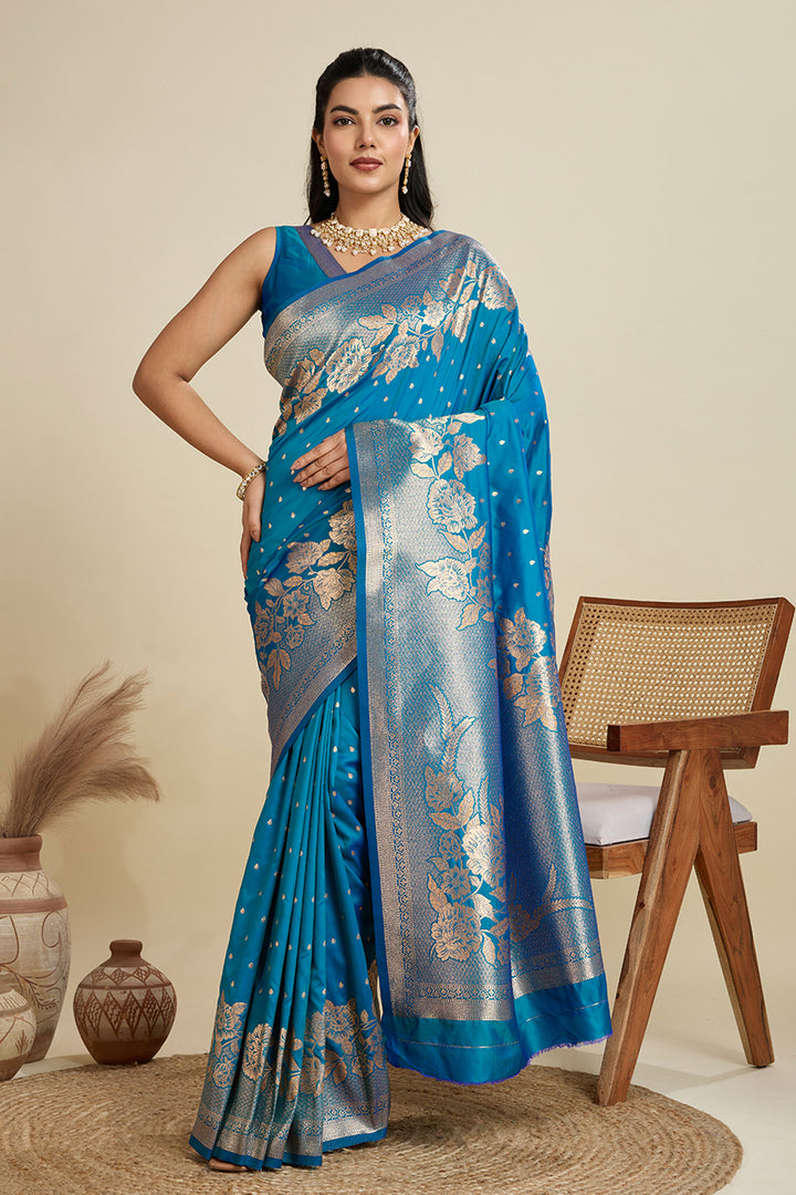 Trendy Banarasi Silk Fabric Cyan Color Saree With Weaving Work | Buy Online India