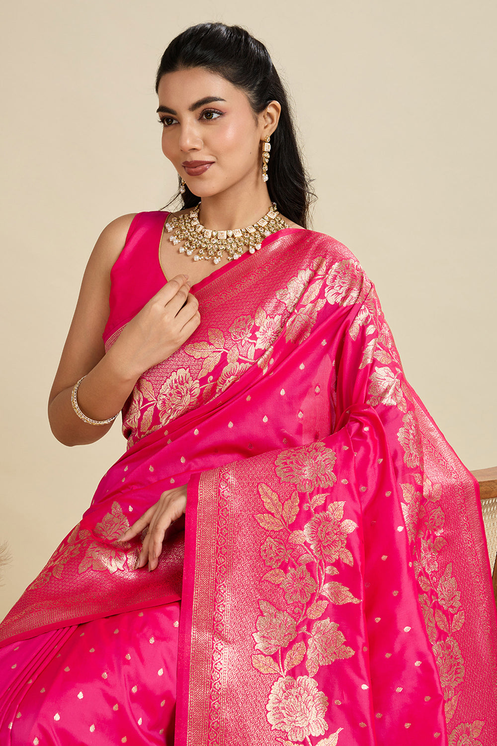 Exclusive Weaving Work On Pink Color Saree In Banarasi Silk Fabric | Buy Online India