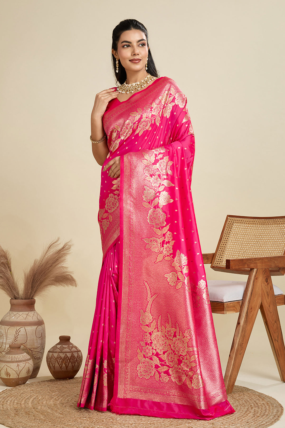 Exclusive Weaving Work On Pink Color Saree In Banarasi Silk Fabric | Buy Online India