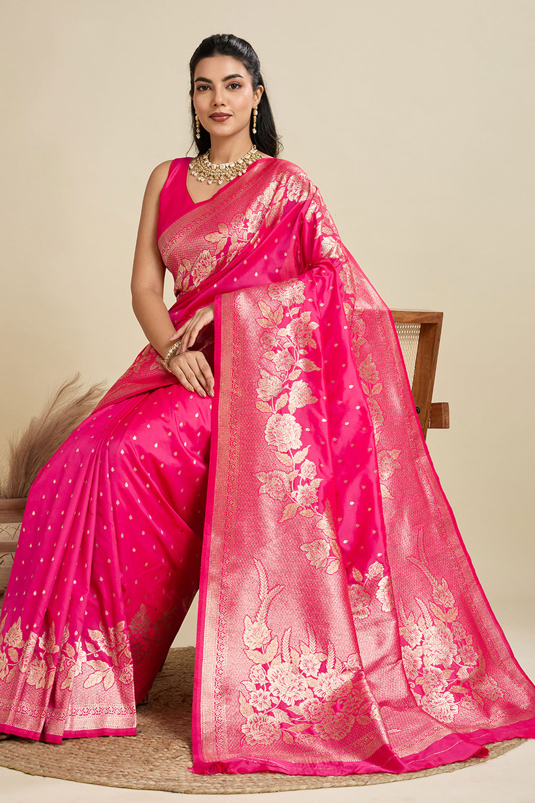 Exclusive Weaving Work On Pink Color Saree In Banarasi Silk Fabric | Buy Online India