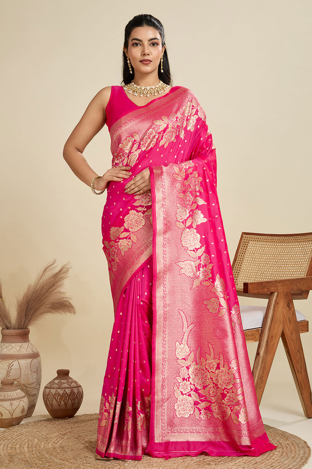 Exclusive Weaving Work On Pink Color Saree In Banarasi Silk Fabric | Buy Online India