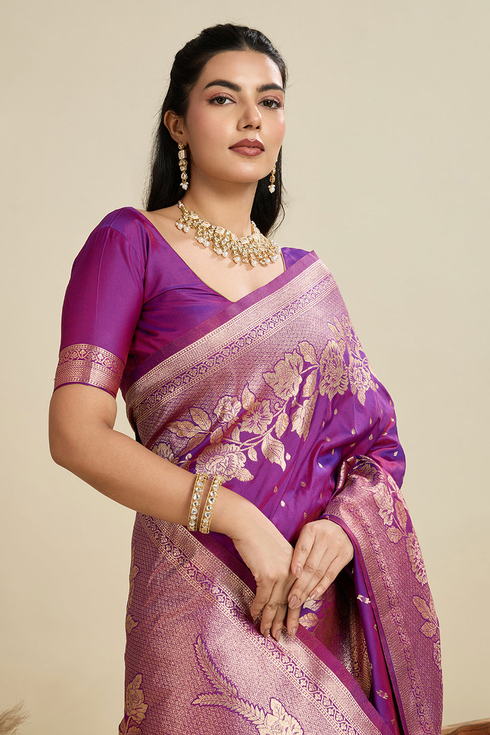 Attractive Banarasi Silk Fabric Purple Color Saree With Weaving Work | Buy Online India