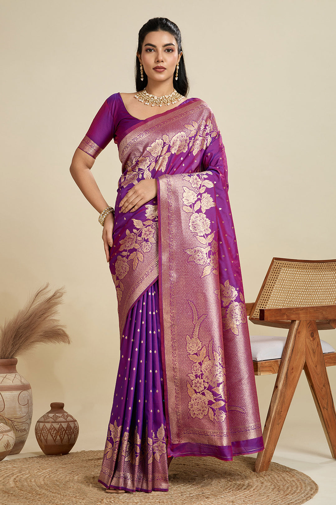 Attractive Banarasi Silk Fabric Purple Color Saree With Weaving Work | Buy Online India