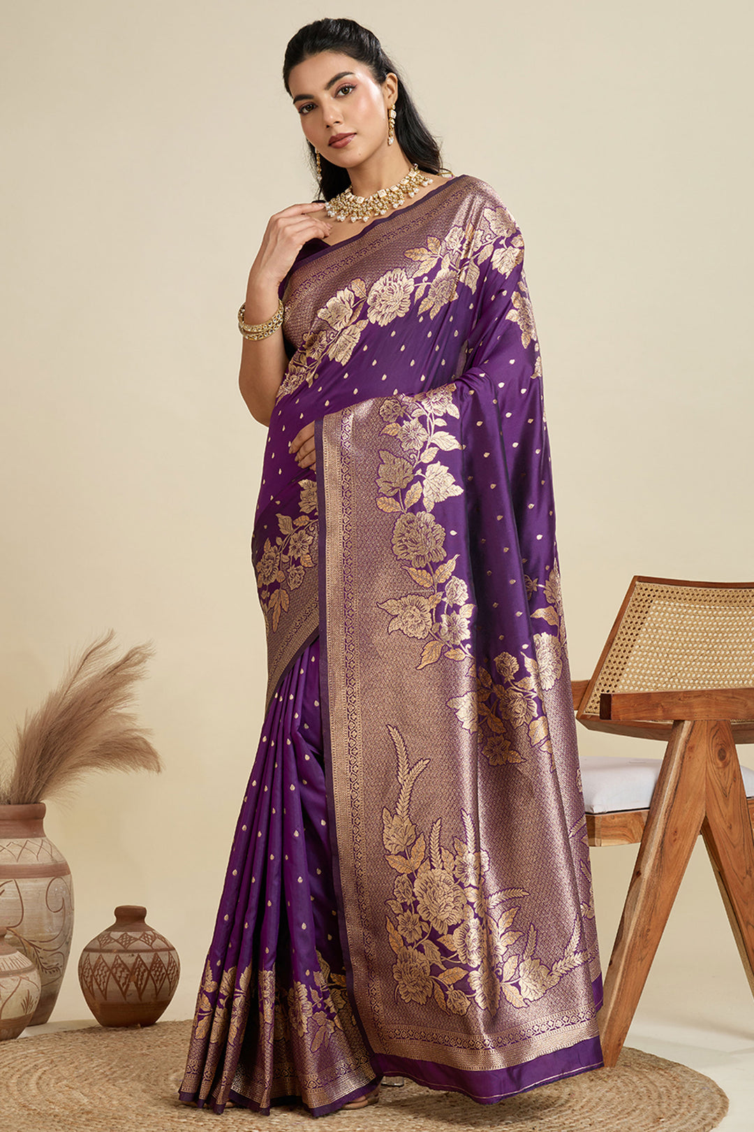 Banarasi Silk Fabric Weaving Work On Wine Color Amazing Saree | Buy Online India