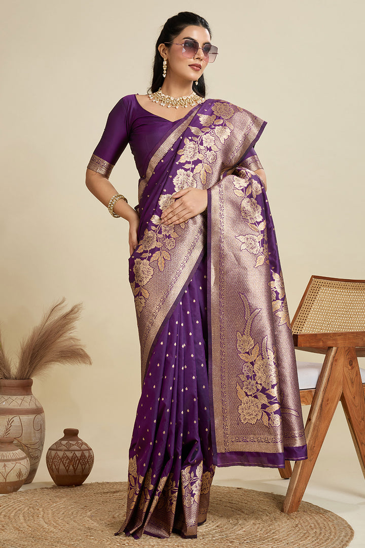 Banarasi Silk Fabric Weaving Work On Wine Color Amazing Saree | Buy Online India