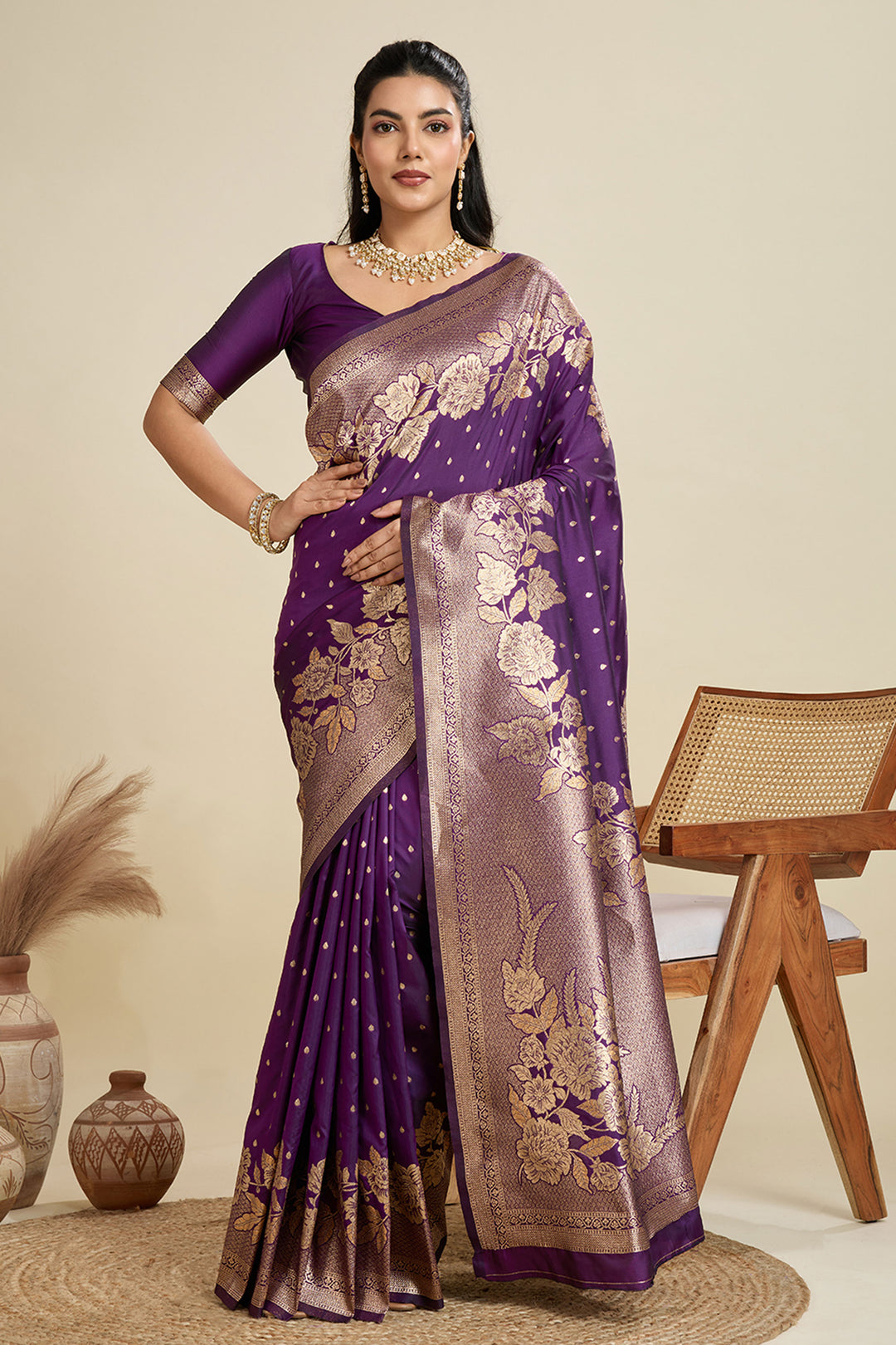 Banarasi Silk Fabric Weaving Work On Wine Color Amazing Saree | Buy Online India