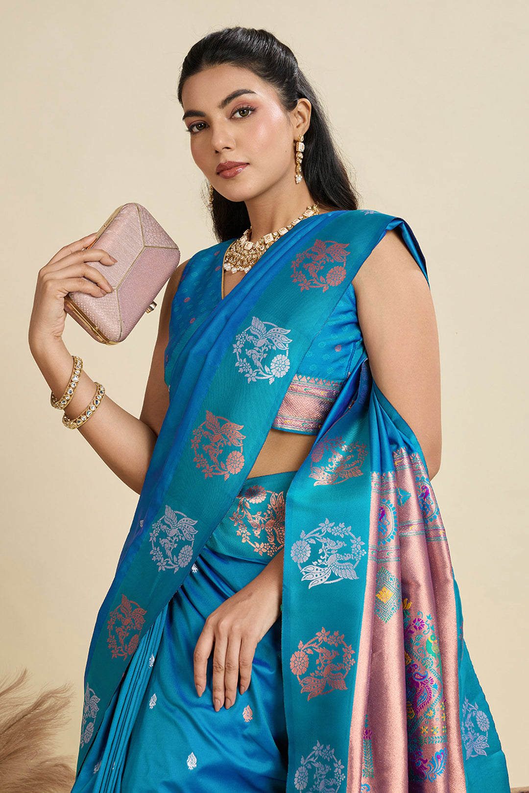 Banarasi Silk Fabric Cyan Color Phenomenal Sarees | Buy Online India
