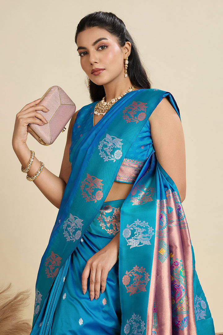 Banarasi Silk Fabric Cyan Color Phenomenal Sarees | Buy Online India