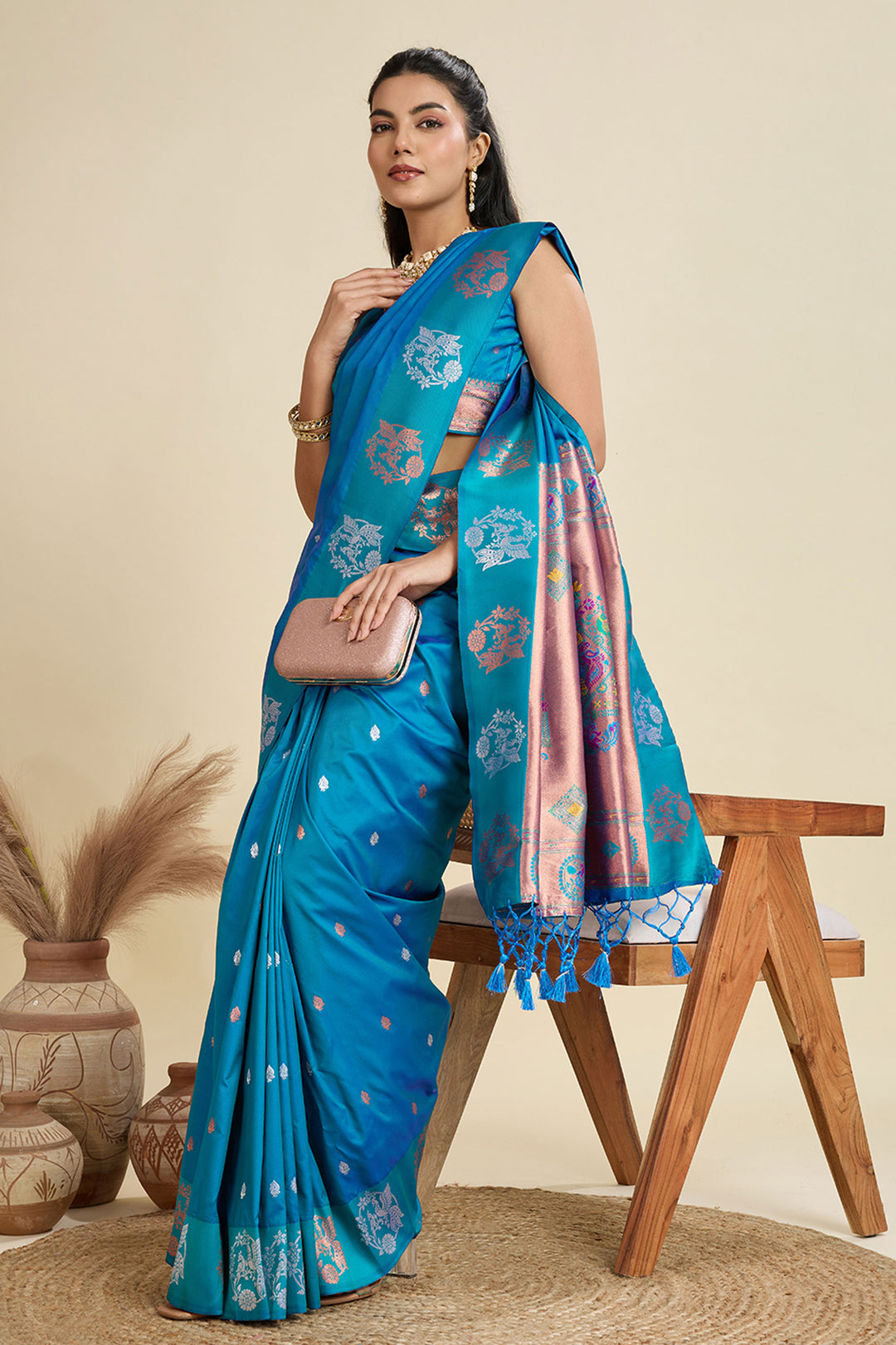 Banarasi Silk Fabric Cyan Color Phenomenal Sarees | Buy Online India