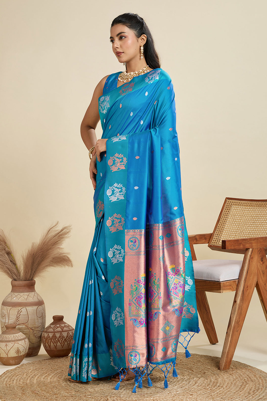 Banarasi Silk Fabric Cyan Color Phenomenal Sarees | Buy Online India