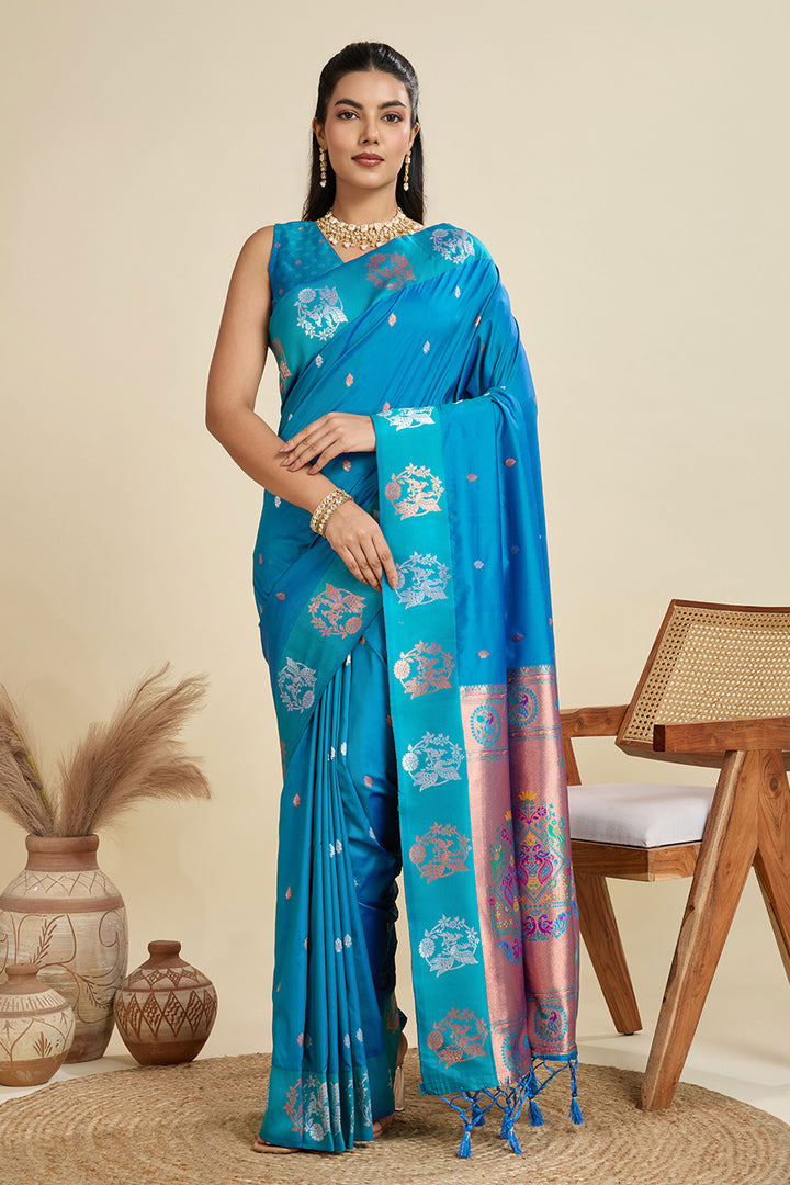 Banarasi Silk Fabric Cyan Color Phenomenal Sarees | Buy Online India