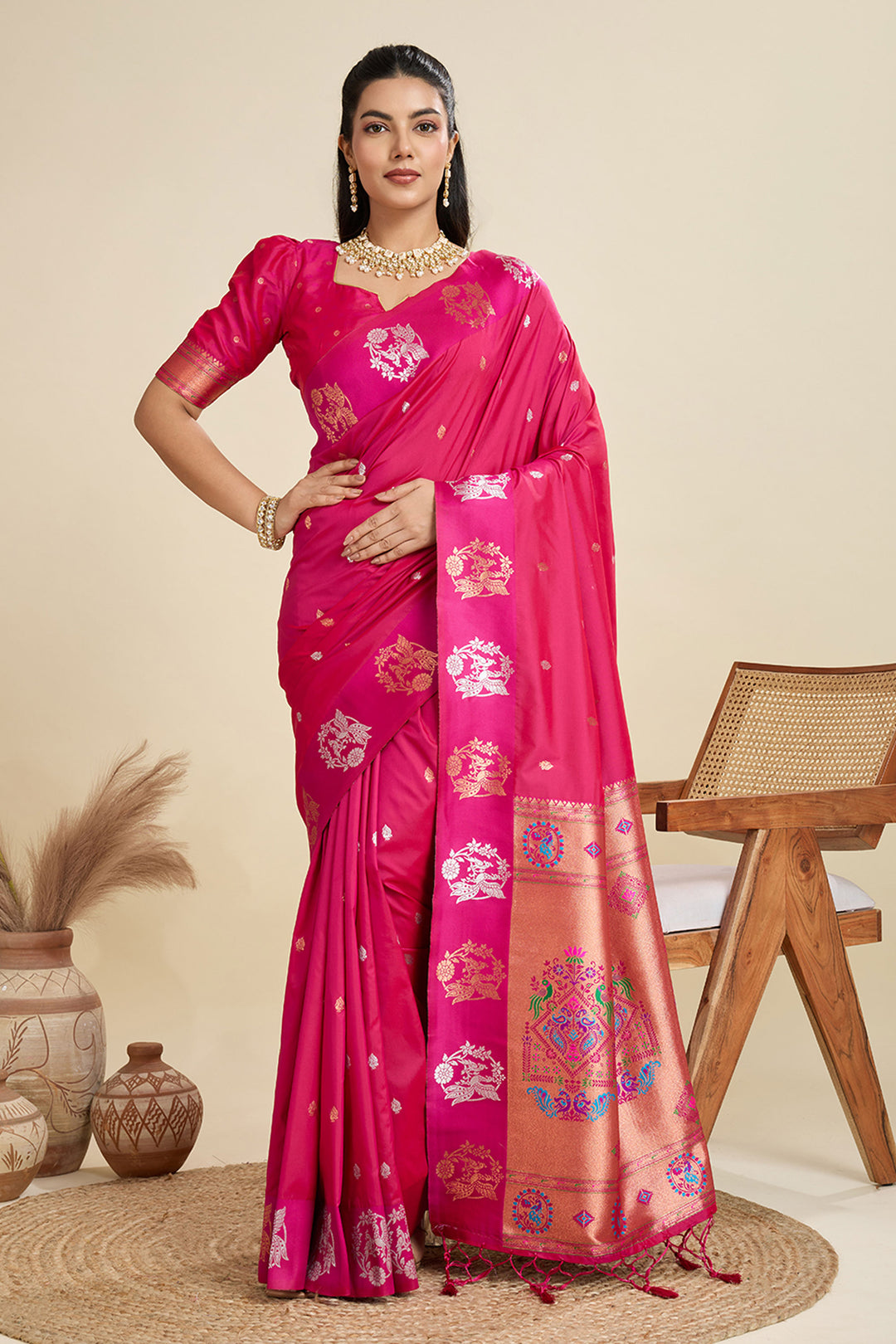 Banarasi Silk Fabric Luxurious Sarees In Magenta Color | Buy Online India