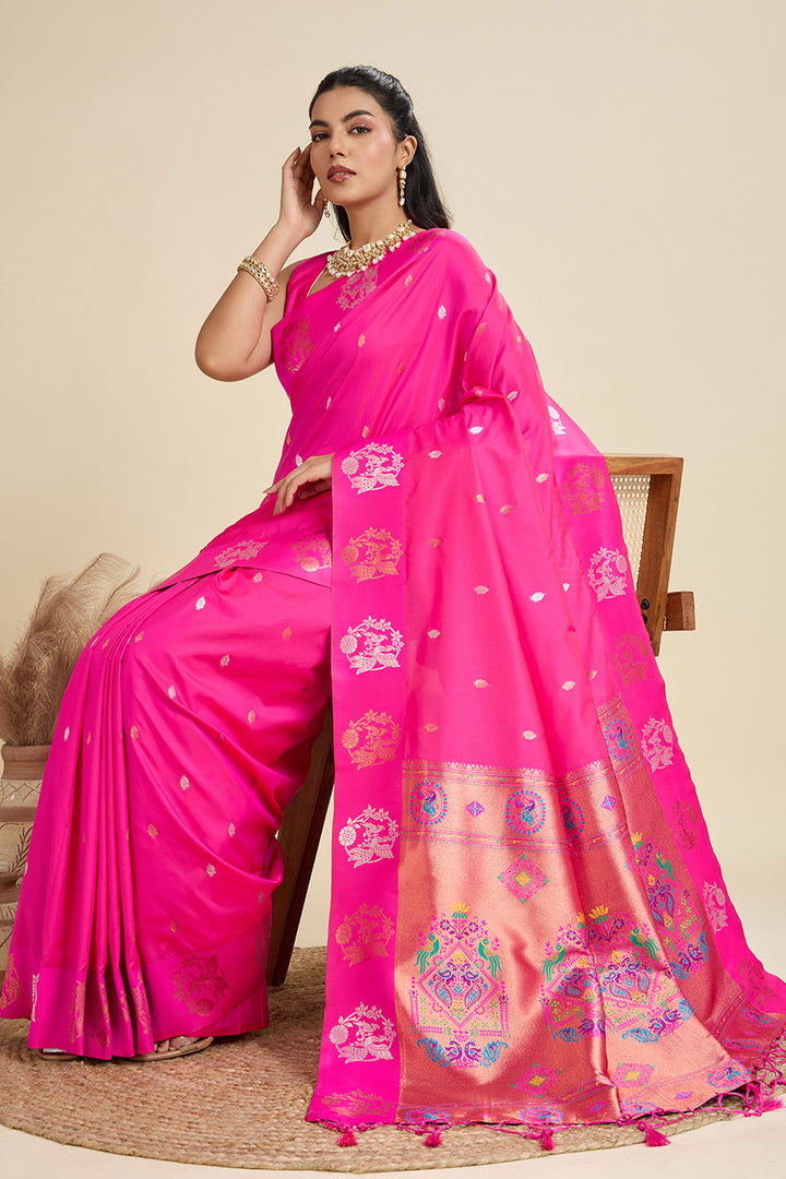 Banarasi Silk Fabric Trendy Sarees In Pink Color | Buy Online India