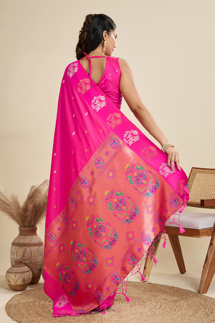 Banarasi Silk Fabric Trendy Sarees In Pink Color | Buy Online India
