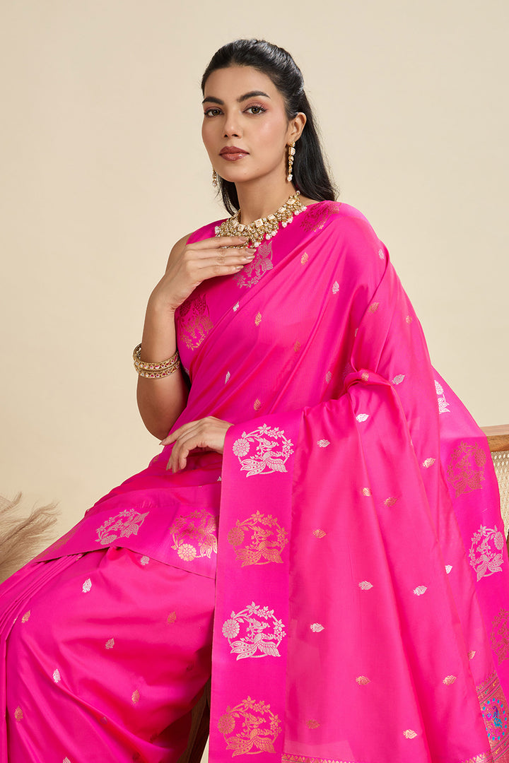 Banarasi Silk Fabric Trendy Sarees In Pink Color | Buy Online India