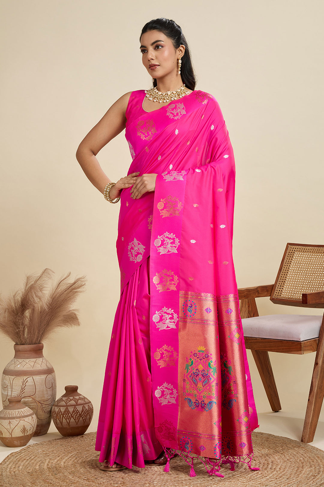 Banarasi Silk Fabric Trendy Sarees In Pink Color | Buy Online India