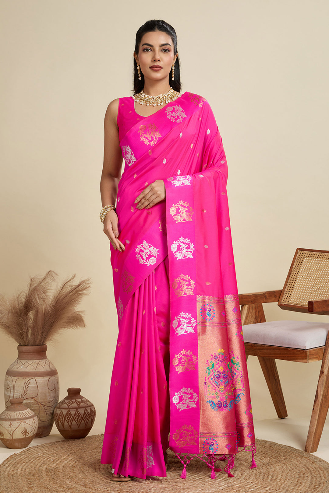 Banarasi Silk Fabric Trendy Sarees In Pink Color | Buy Online India