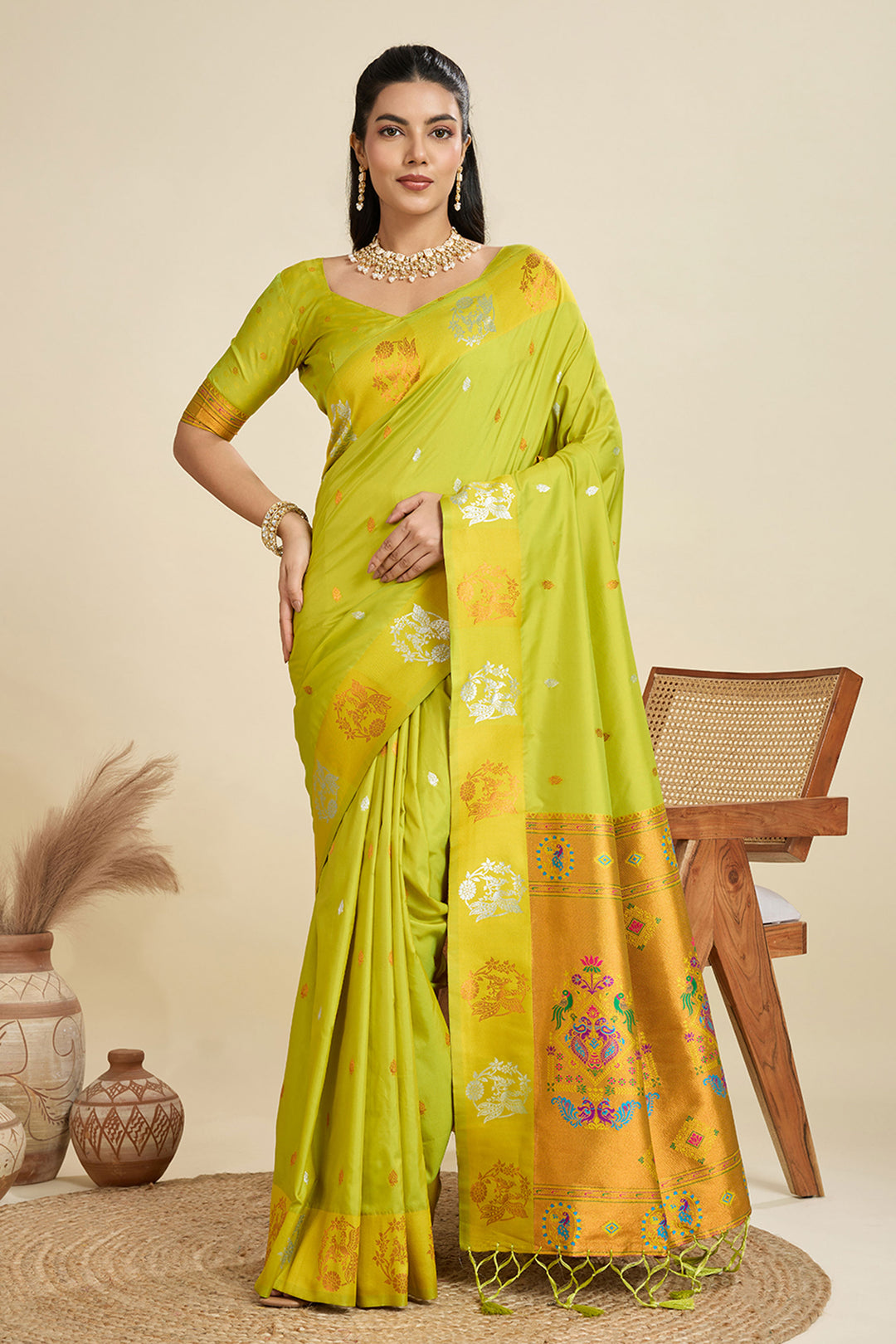 Banarasi Silk Fabric Mesmeric Sarees In Green Color | Buy Online India