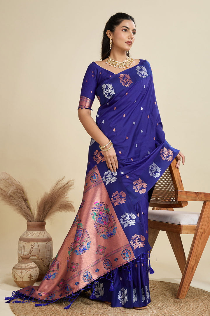 Banarasi Silk Fabric Wondrous Sarees In Blue Color | Buy Online India