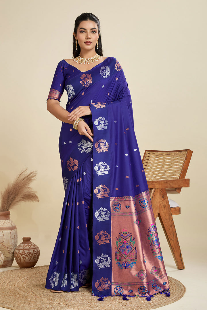 Banarasi Silk Fabric Wondrous Sarees In Blue Color | Buy Online India