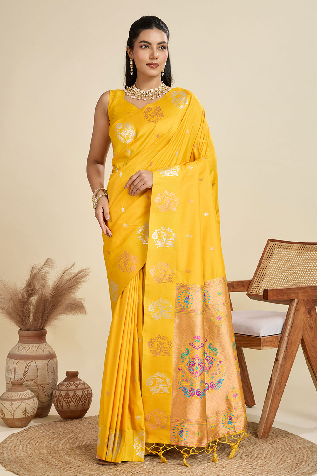 Banarasi Silk Fabric Vintage Sarees In Yellow Color | Buy Online India