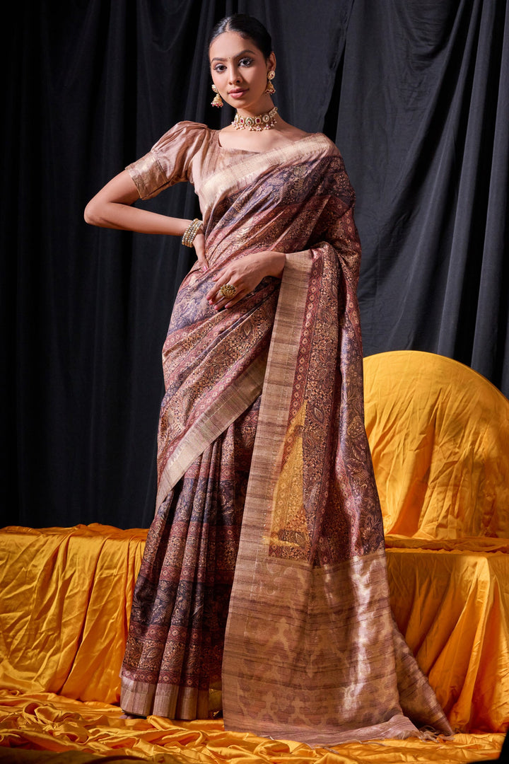 Delightful Brown Color Weaving Print Tussar Silk Function Wear Saree