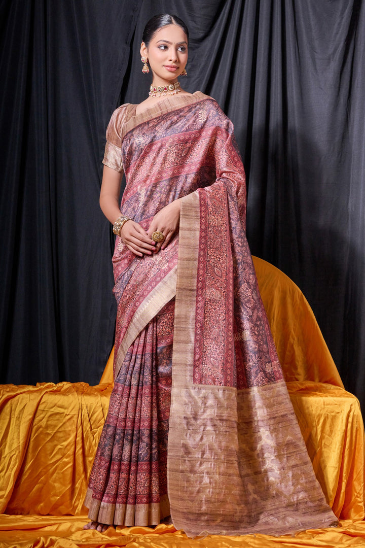 Function Wear Tussar Silk Weaving Print Maroon Color Saree