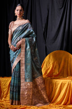 Load image into Gallery viewer, Tussar Silk Teal Color Fancy Weaving Print Function Wear Saree
