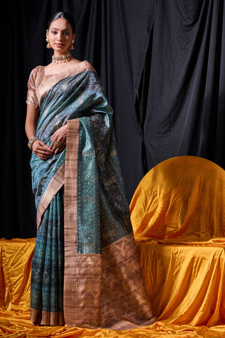 Tussar Silk Teal Color Fancy Weaving Print Function Wear Saree