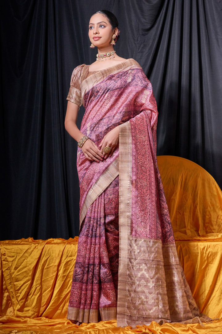Function Wear Tussar Silk Pink Color Weaving Print Saree