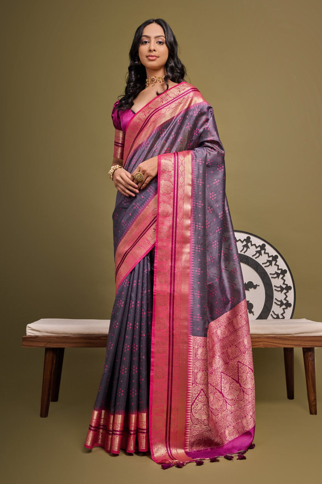 Grey Color Meenakari Zari Weaving Work Function Wear Raw Silk Saree | Buy Online India