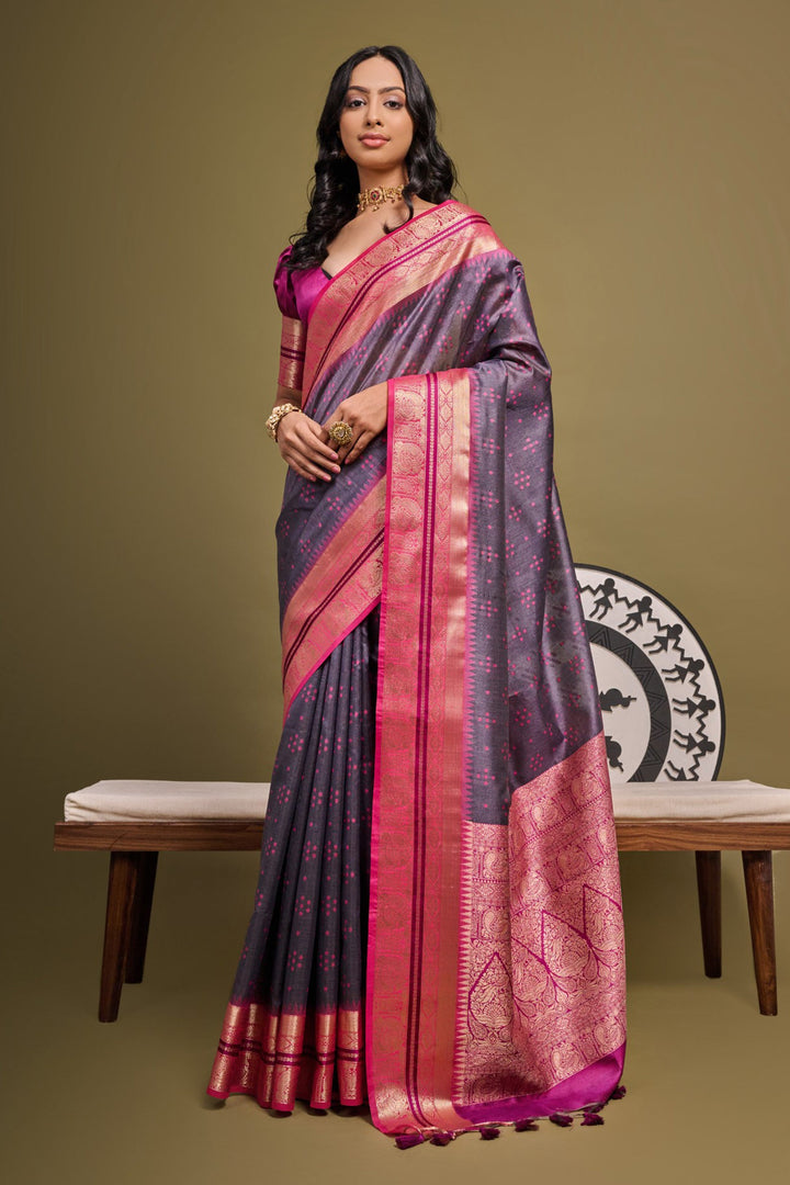 Grey Color Meenakari Zari Weaving Work Function Wear Raw Silk Saree | Buy Online India